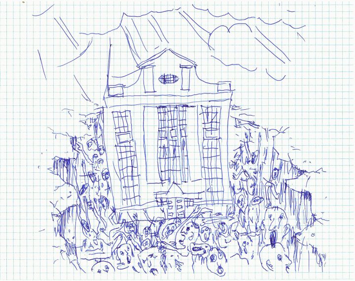 Artur Malewski, "Conceptual sketch for the painting entitled Portrait of TRAFO Center for Contemporary Art in Szczecin (which I drew first, so that someone else could paint it better)", pen on paper, 2020